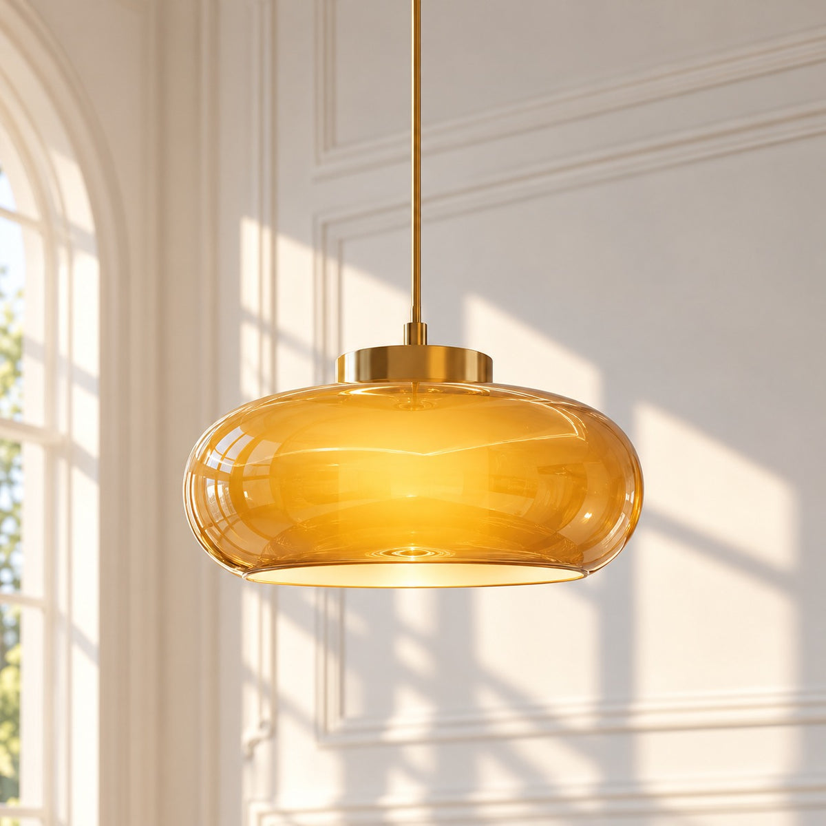 Antique Glass Ceiling/Pendant Lamp Amber pendant in a sunlit room