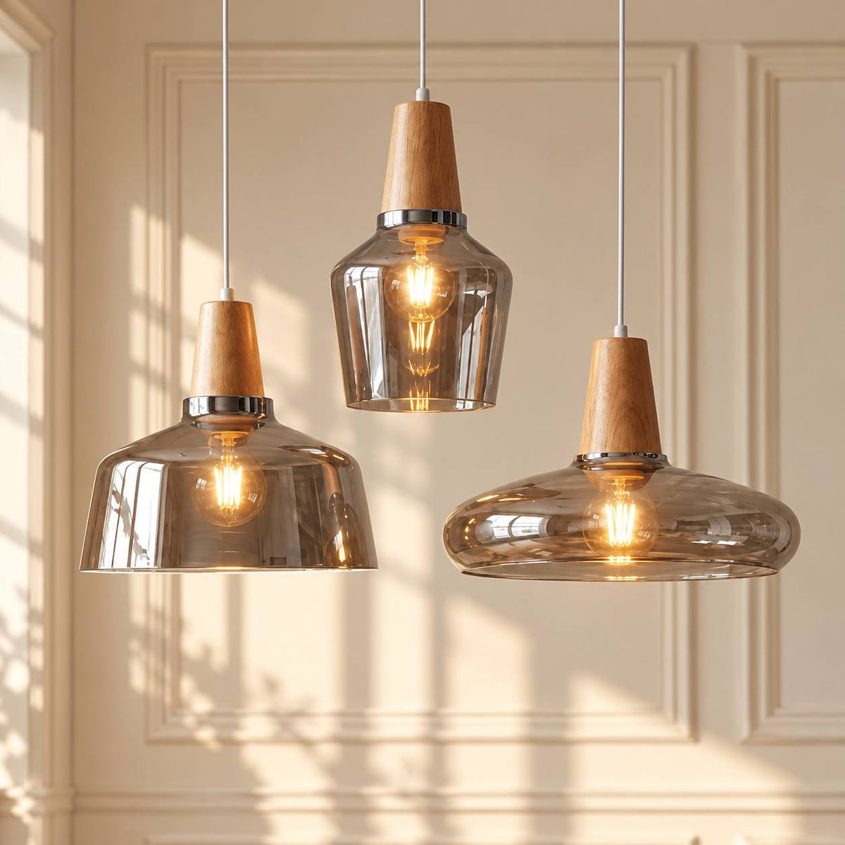 Antique Glass Coated Wood Pendant Lights three glass pendants with wood tops in grey and amber in a warm sunlit room
