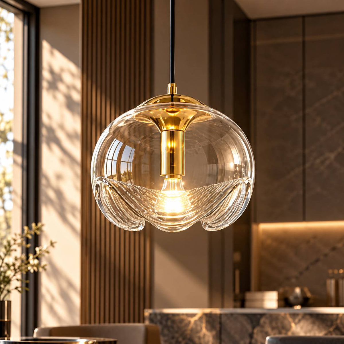 Artistic Brilliance Modern Glass Pendant Light clear wavy glass pendant with gold core glowing in a warm interior