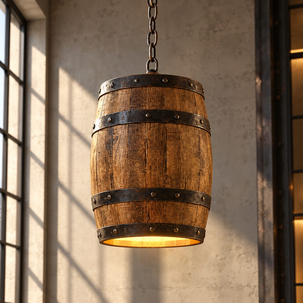 Natural Wood Wine Barrel Pendant Light natural wood wine barrel pendant light on a black chain glowing in a sunlit room