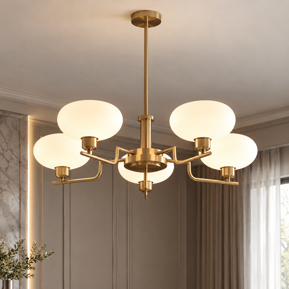 Bauhaus Modern French Chandelier gold five-light chandelier with white opal glass globes glowing in an elegant panelled room