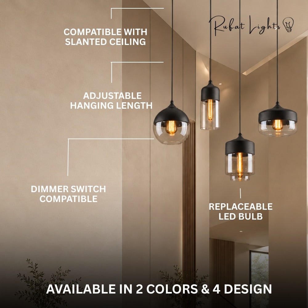 Blended Combination Metal Glass Pendant Lights features: compatible with slanted ceiling, adjustable hanging length, dimmer switch compatible, replaceable LED bulb, available in 2 colors and 4 designs