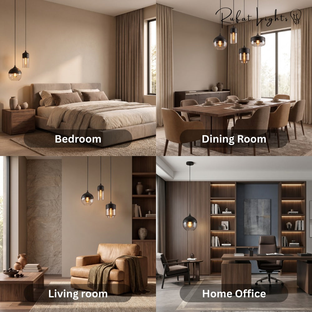 Blended Combination Metal Glass Pendant Lights shown in bedroom, dining room, living room and home office settings