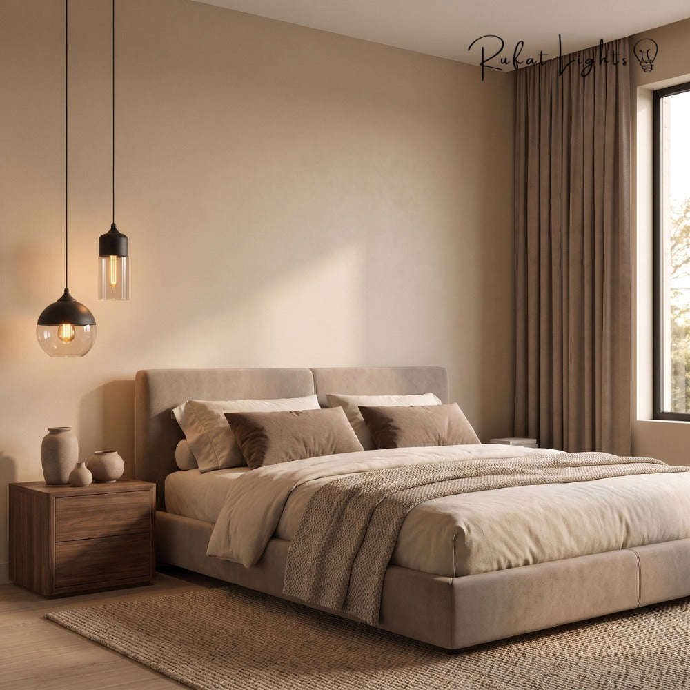 Blended Combination Metal Glass Pendant Lights beside the bed in a calm neutral bedroom
