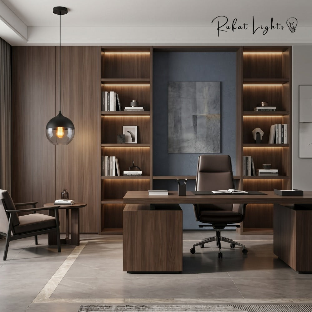 Blended Combination Metal Glass Pendant Lights above a desk in a home office with bookshelves