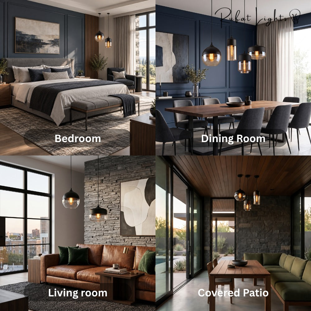 Blended Combination Metal Glass Pendant Lights shown in bedroom, dining room, living room and covered patio settings