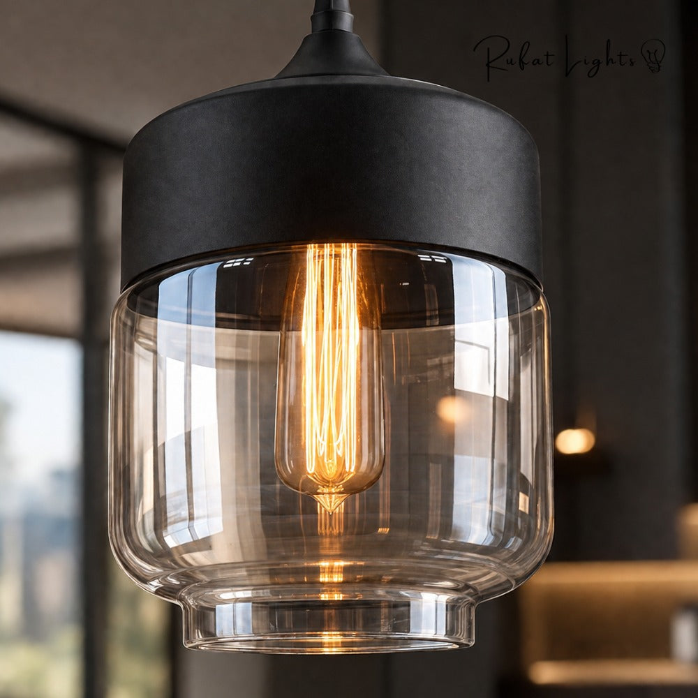Blended Combination Metal Glass Pendant Lights close-up of the cylinder shade in clear glass with an Edison bulb