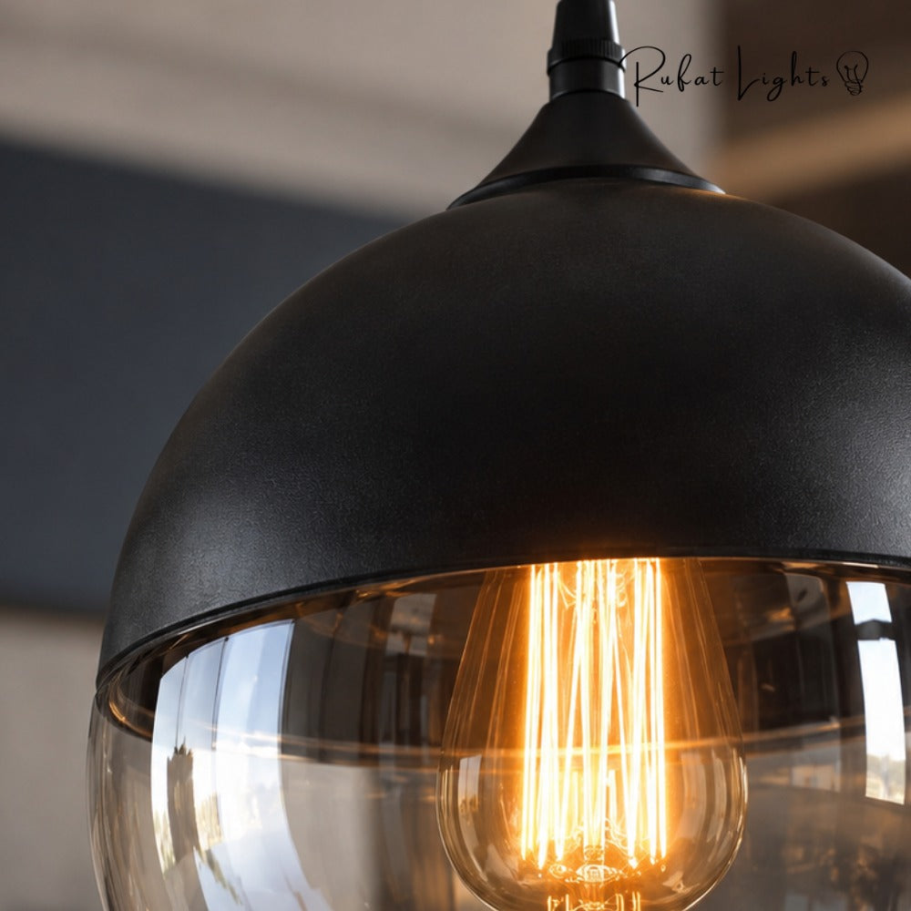 Blended Combination Metal Glass Pendant Lights close-up of the circle shade with black metal top and Edison bulb
