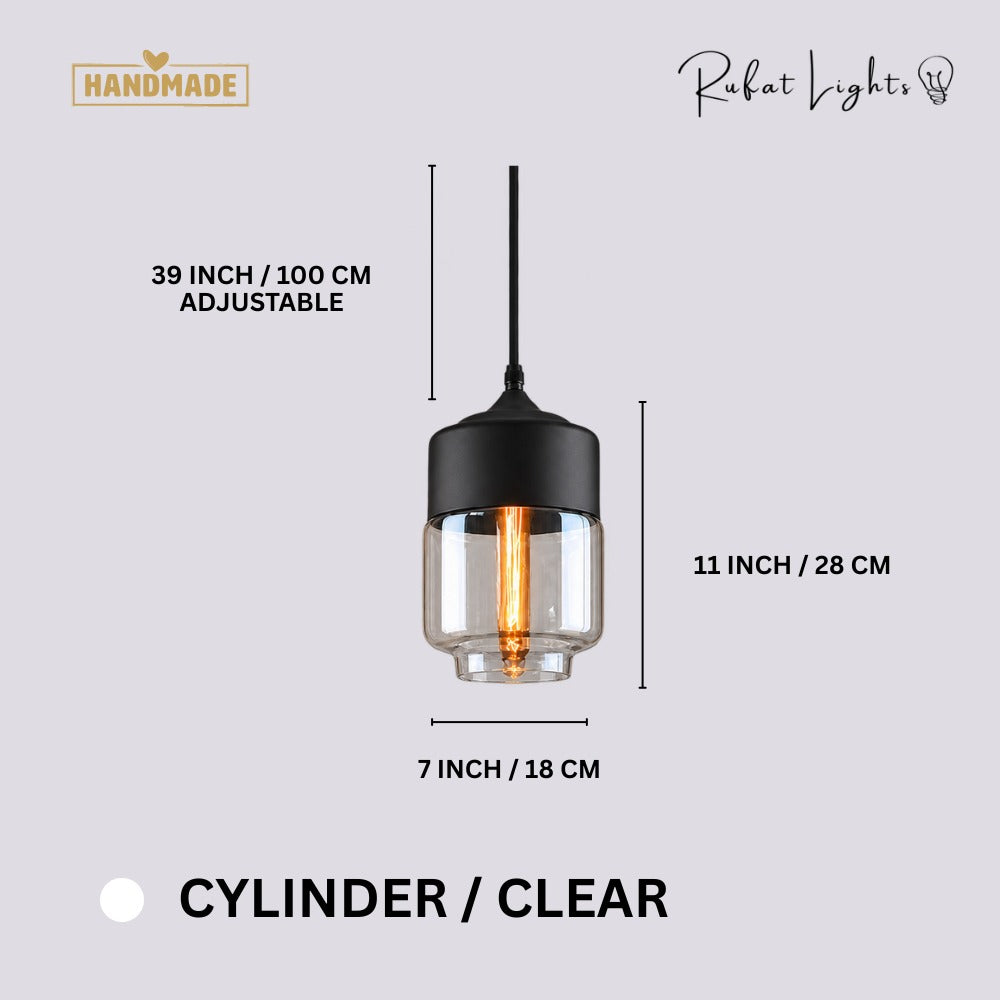 Blended Combination Metal Glass Pendant Lights Cylinder Clear dimensions: 7 in (18 cm) wide, 11 in (28 cm) high, 39 in (100 cm) adjustable cord