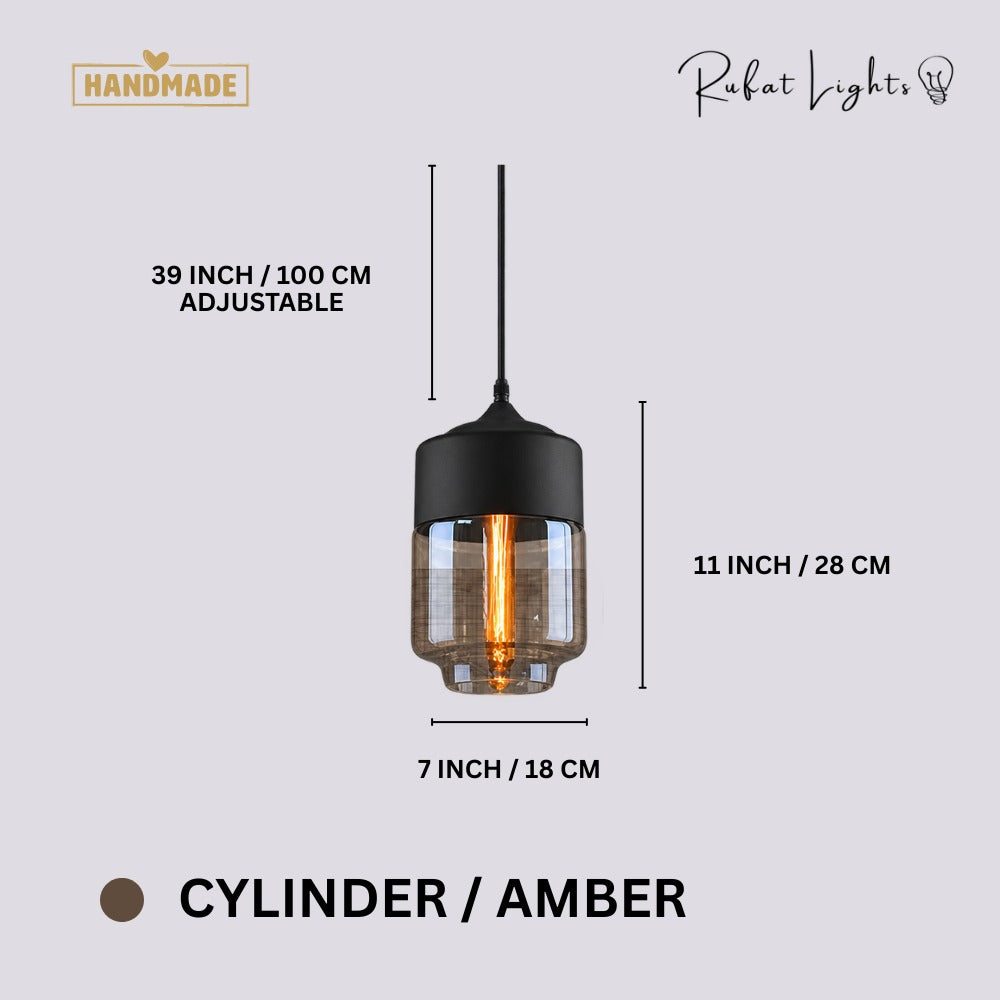 Blended Combination Metal Glass Pendant Lights Cylinder Amber dimensions: 7 in (18 cm) wide, 11 in (28 cm) high, 39 in (100 cm) adjustable cord