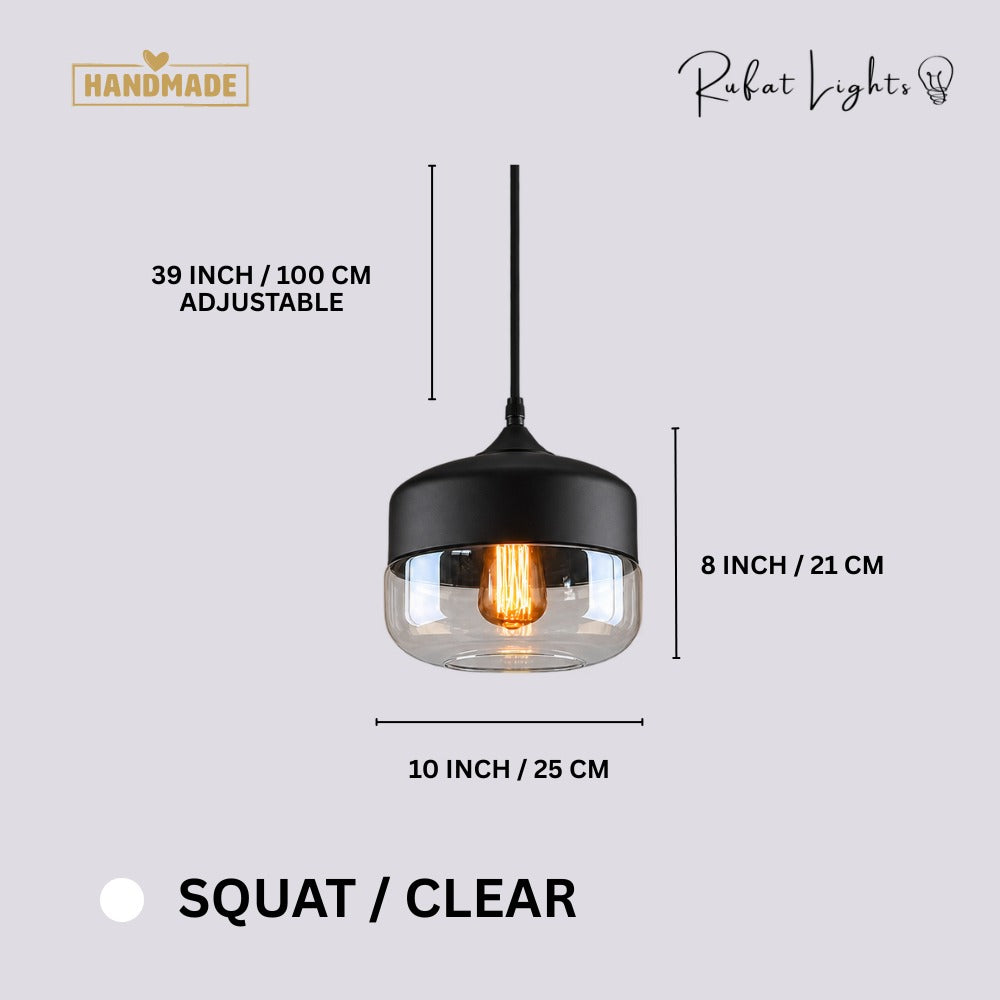 Blended Combination Metal Glass Pendant Lights Squat Clear dimensions: 10 in (25 cm) wide, 8 in (21 cm) high, 39 in (100 cm) adjustable cord