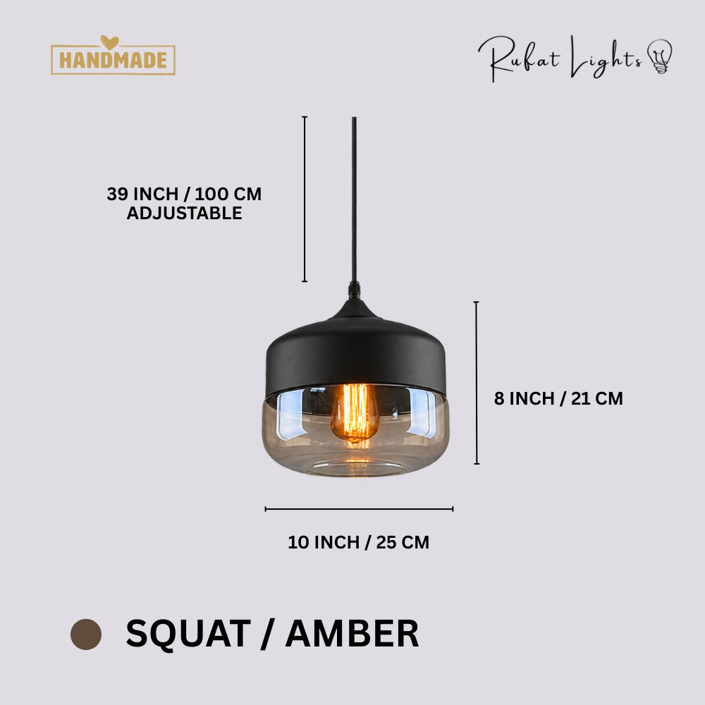 Blended Combination Metal Glass Pendant Lights Squat Amber dimensions: 10 in (25 cm) wide, 8 in (21 cm) high, 39 in (100 cm) adjustable cord