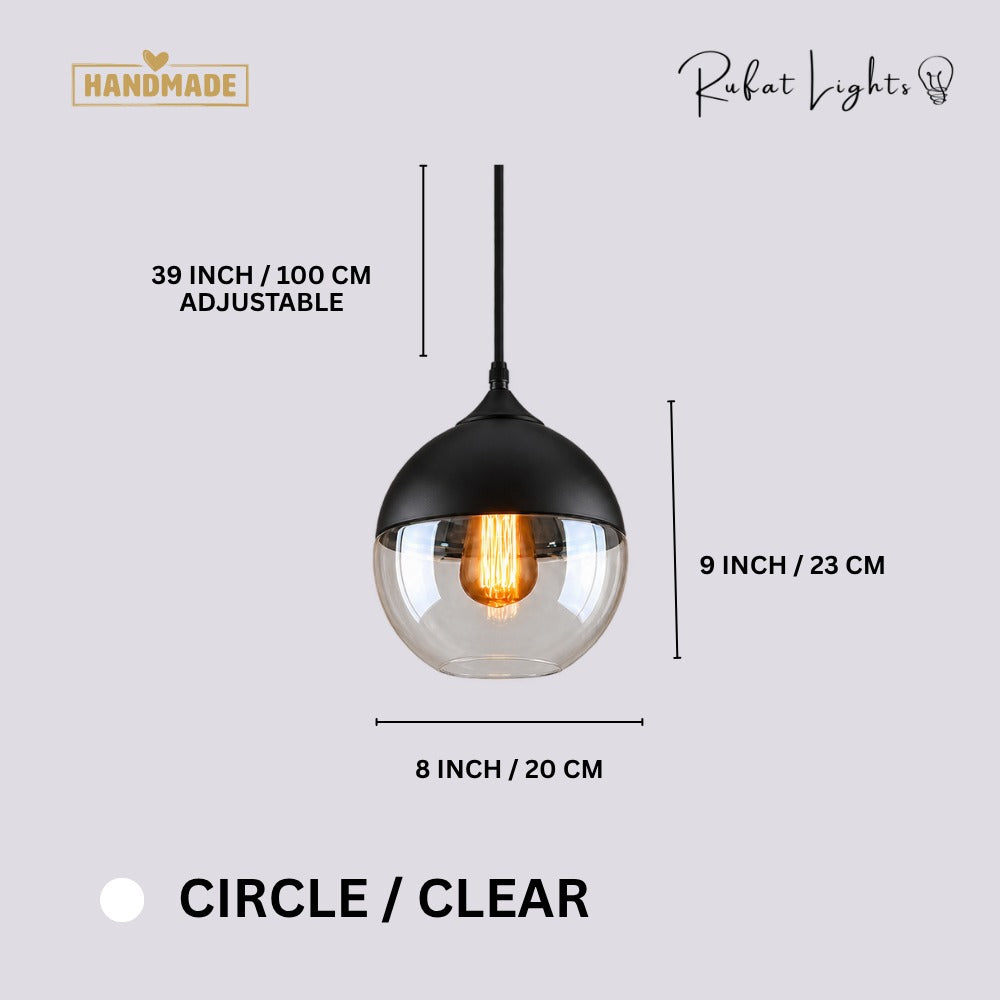 Blended Combination Metal Glass Pendant Lights Circle Clear dimensions: 8 in (20 cm) wide, 9 in (23 cm) high, 39 in (100 cm) adjustable cord