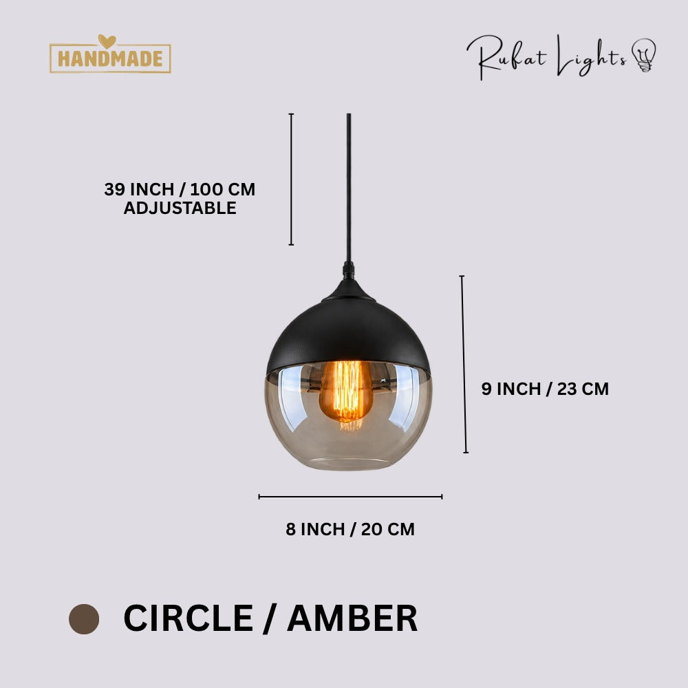 Blended Combination Metal Glass Pendant Lights Circle Amber dimensions: 8 in (20 cm) wide, 9 in (23 cm) high, 39 in (100 cm) adjustable cord