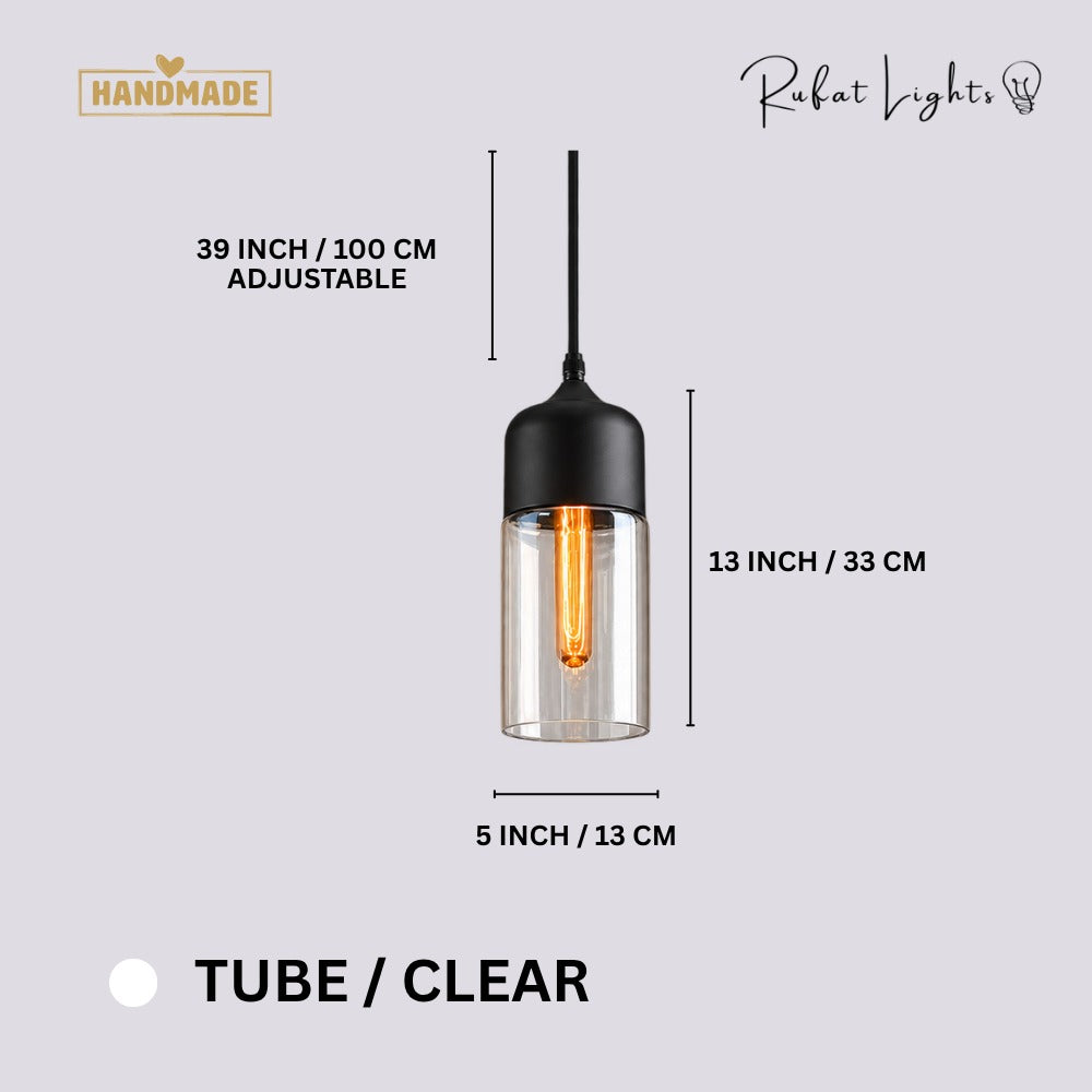 Blended Combination Metal Glass Pendant Lights Tube Clear dimensions: 5 in (13 cm) wide, 13 in (33 cm) high, 39 in (100 cm) adjustable cord