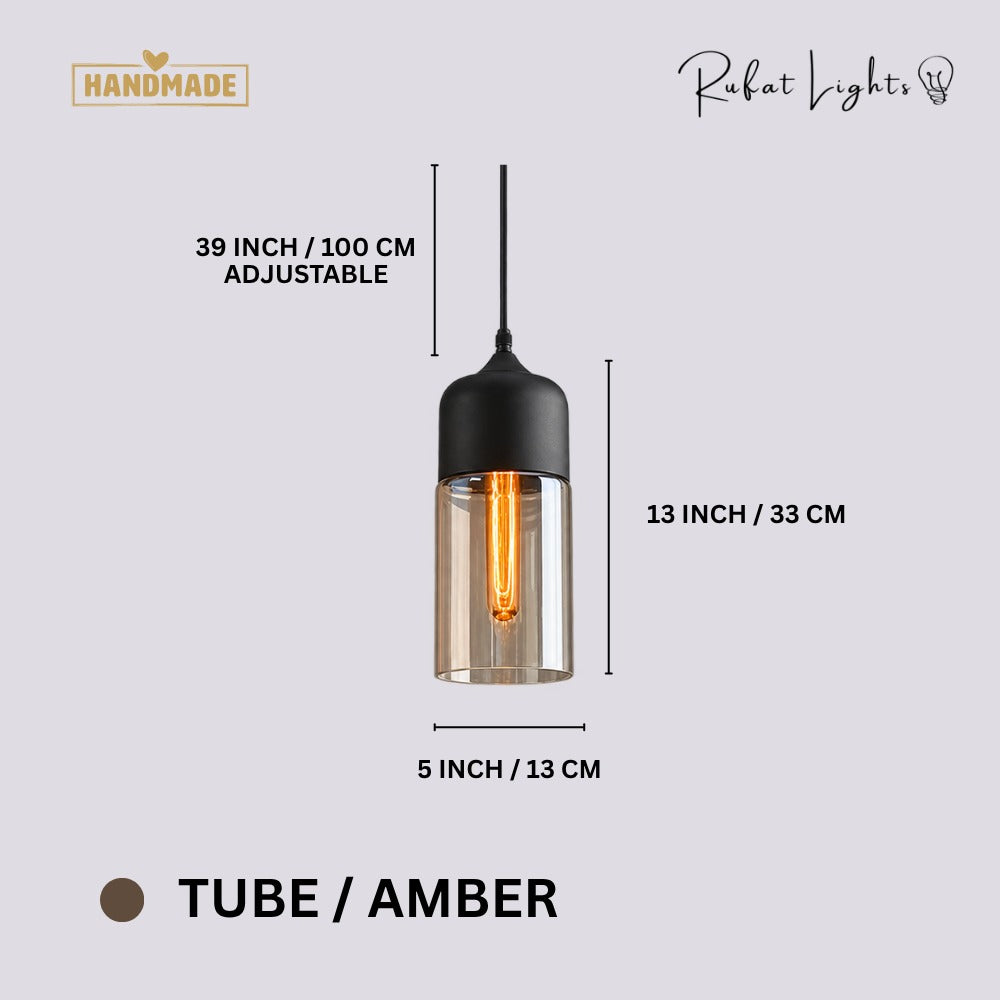 Blended Combination Metal Glass Pendant Lights Tube Amber dimensions: 5 in (13 cm) wide, 13 in (33 cm) high, 39 in (100 cm) adjustable cord