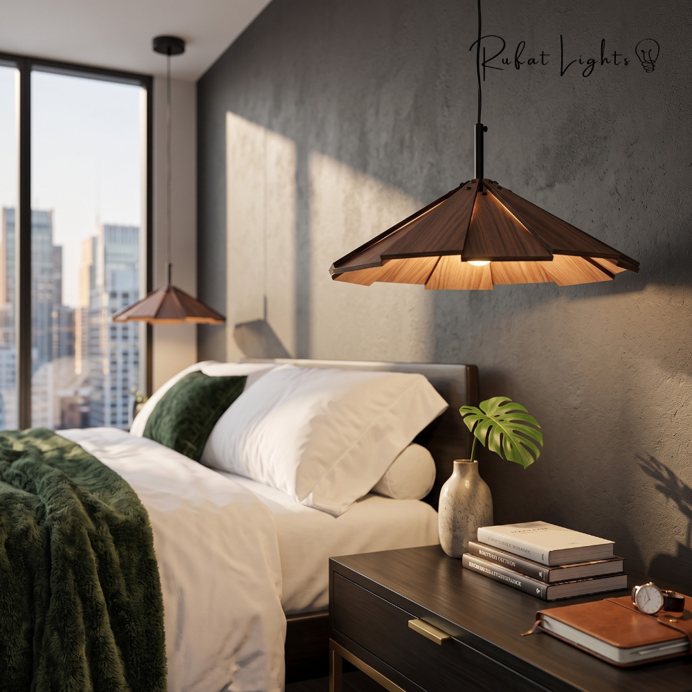 Blossom Wood Hanging Pendant Lamp in walnut hanging above a bedside table in a modern bedroom