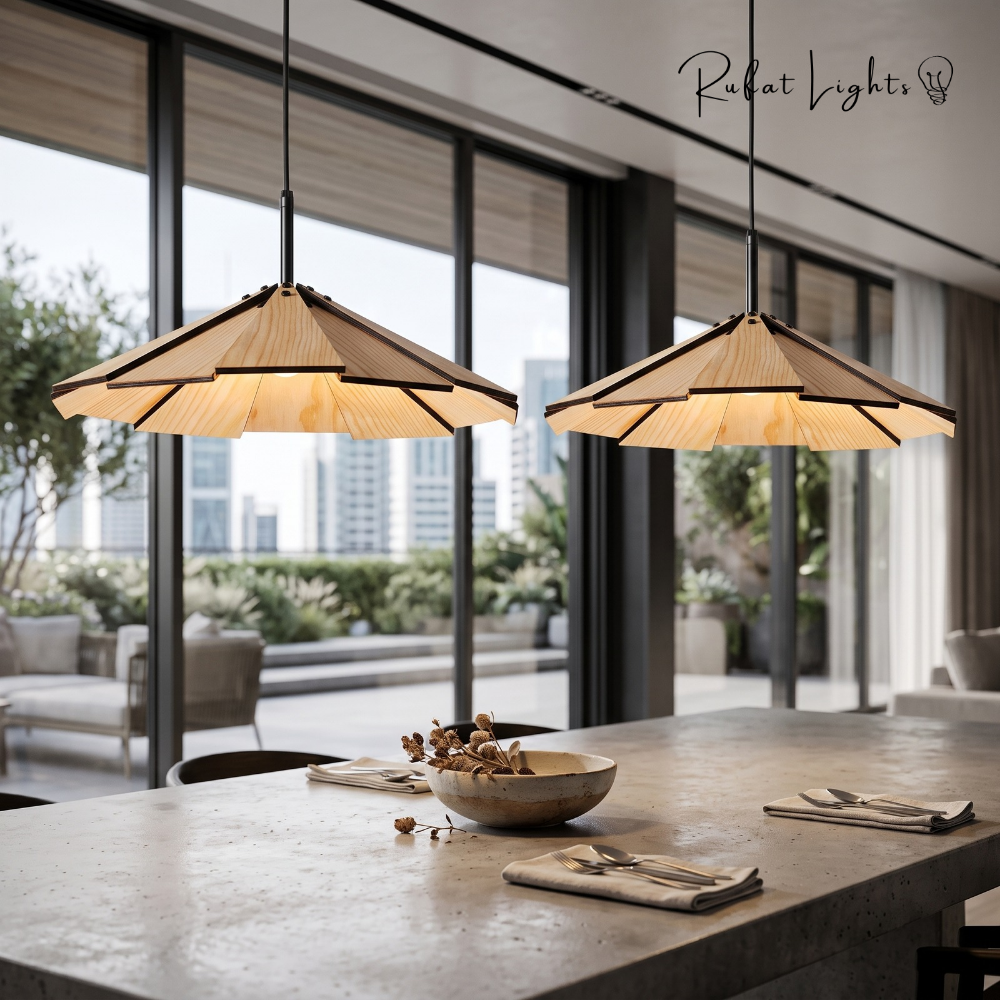 Pair of Blossom Wood Hanging Pendant Lamps in natural wood above a stone kitchen island