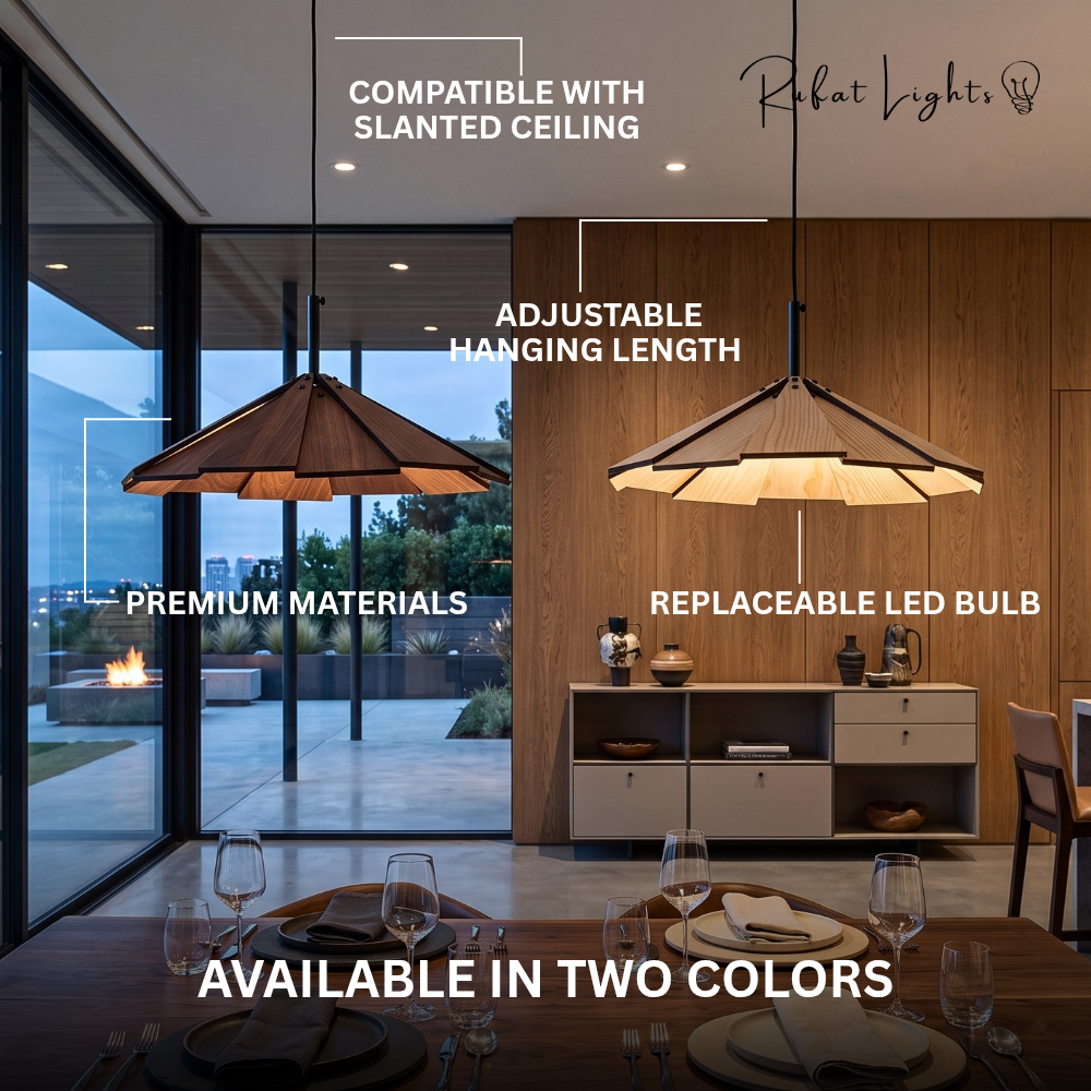 Blossom Wood Hanging Pendant Lamp features: compatible with slanted ceiling, adjustable hanging length, replaceable LED bulb, premium materials, available in wood and walnut