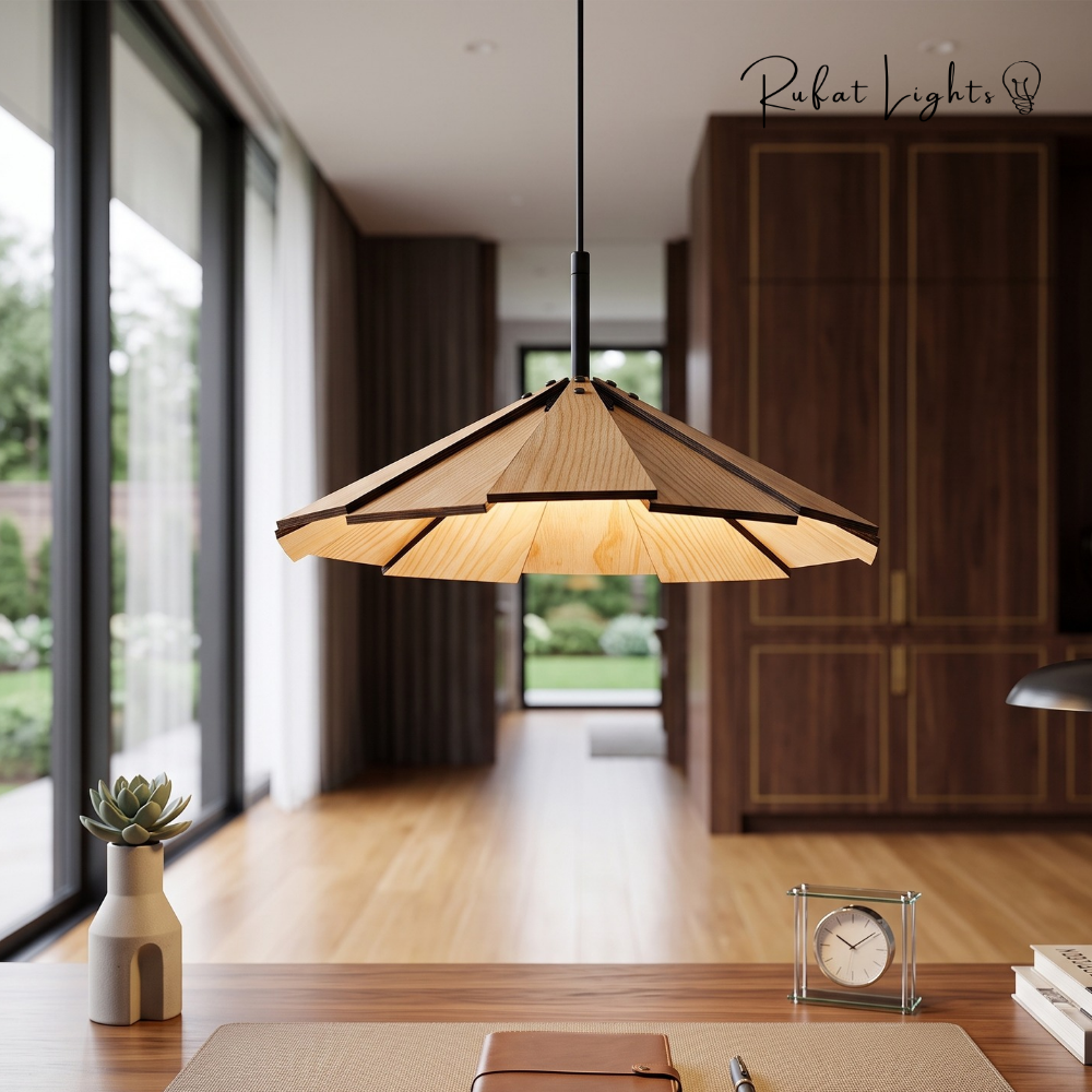 Blossom Wood Hanging Pendant Lamp in natural wood over a kitchen counter in a modern home
