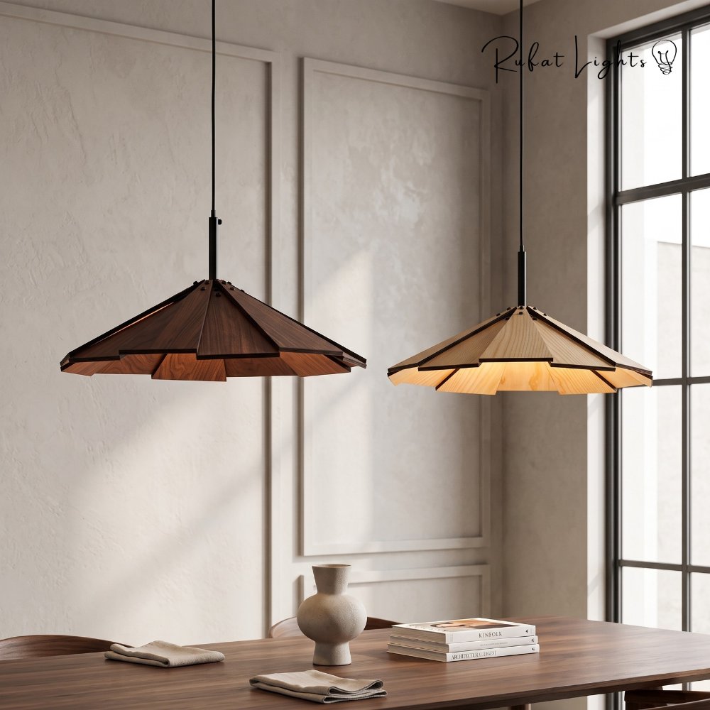 Blossom Wood Hanging Pendant Lamps in walnut and natural wood above a dining table in a bright room