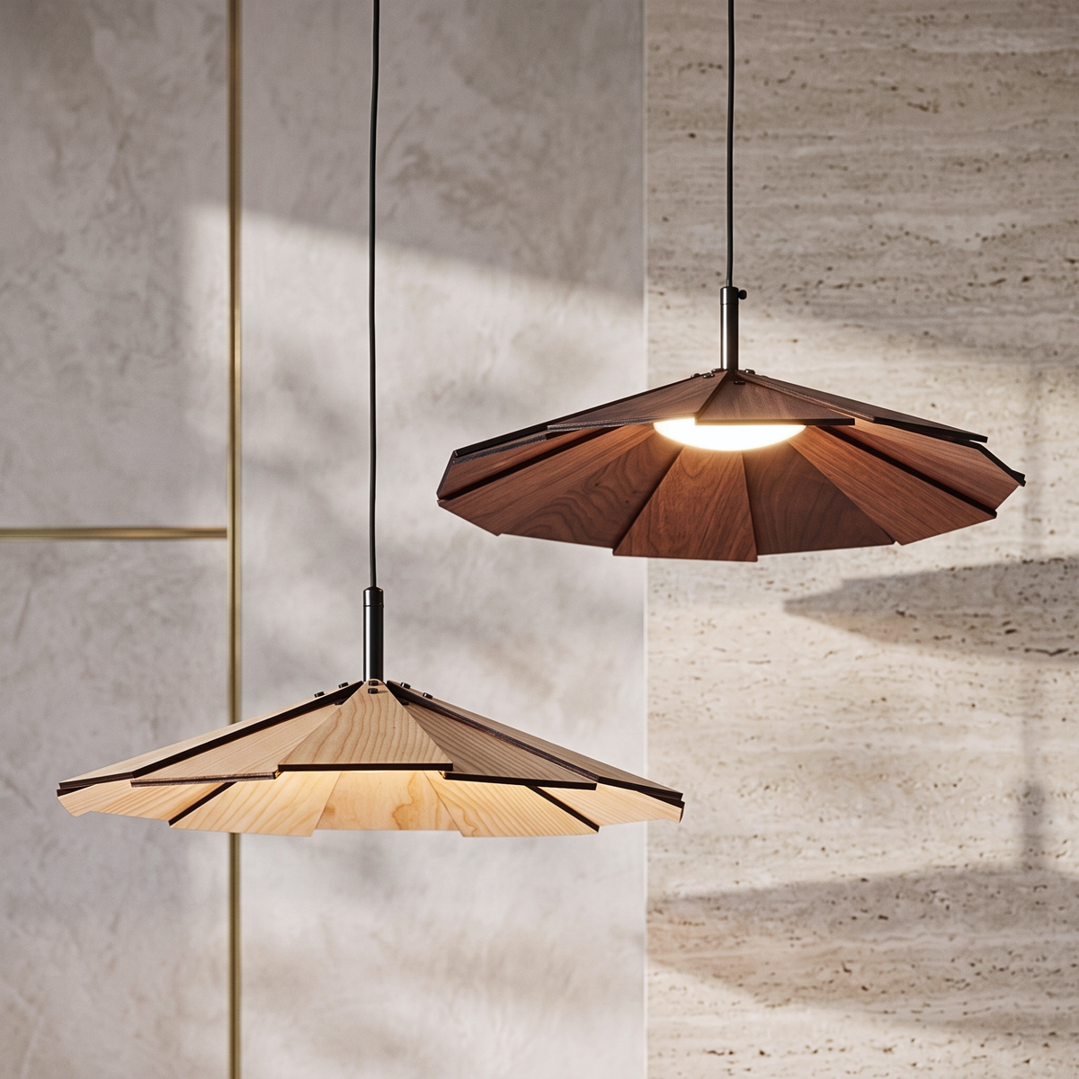 Blossom Wood Hanging Pendant Lamp in natural wood and walnut, two handmade wooden pendants lit against a stone wall