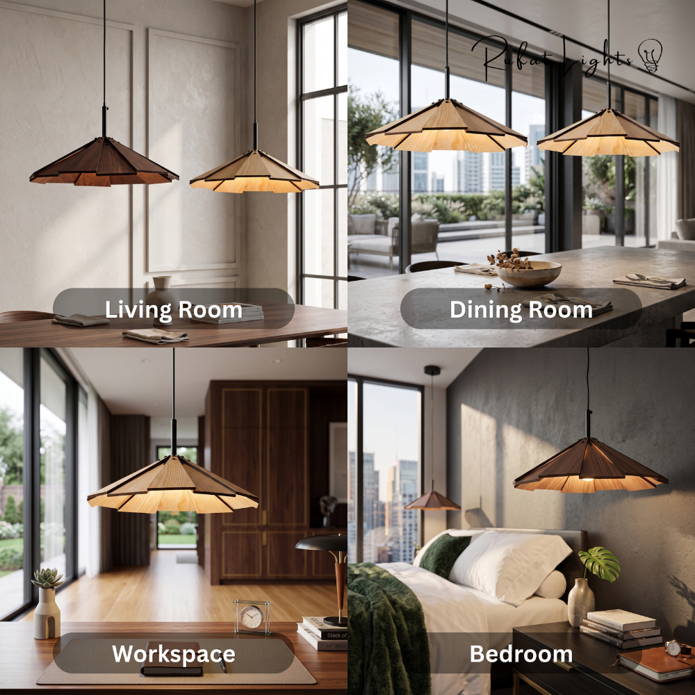 Blossom Wood Hanging Pendant Lamp shown in living room, dining room, workspace and bedroom settings