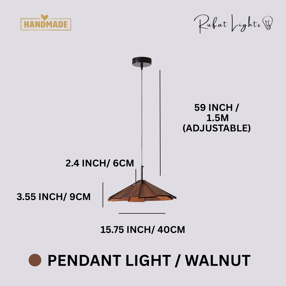 Blossom Wood Hanging Pendant Lamp walnut variant dimensions: 15.75 in (40 cm) wide, 3.55 in (9 cm) high, 59 in (1.5 m) adjustable cord