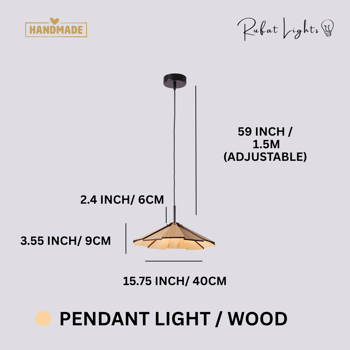 Blossom Wood Hanging Pendant Lamp natural wood variant dimensions: 15.75 in (40 cm) wide, 3.55 in (9 cm) high, 59 in (1.5 m) adjustable cord