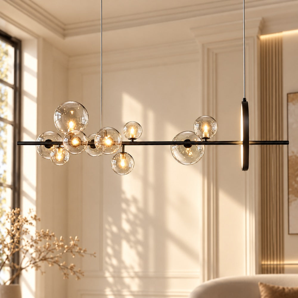 Bubble Glass Ball Metal Ring Chandelier in a bright room with paneled walls