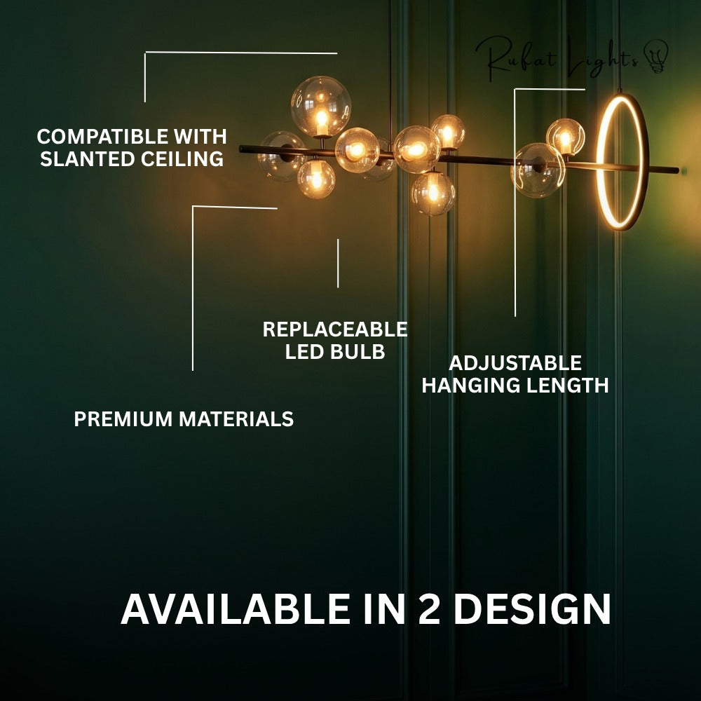 Bubble Glass Ball Metal Ring Chandelier features: compatible with slanted ceiling, replaceable LED bulb, adjustable hanging length, premium materials, available in 2 designs