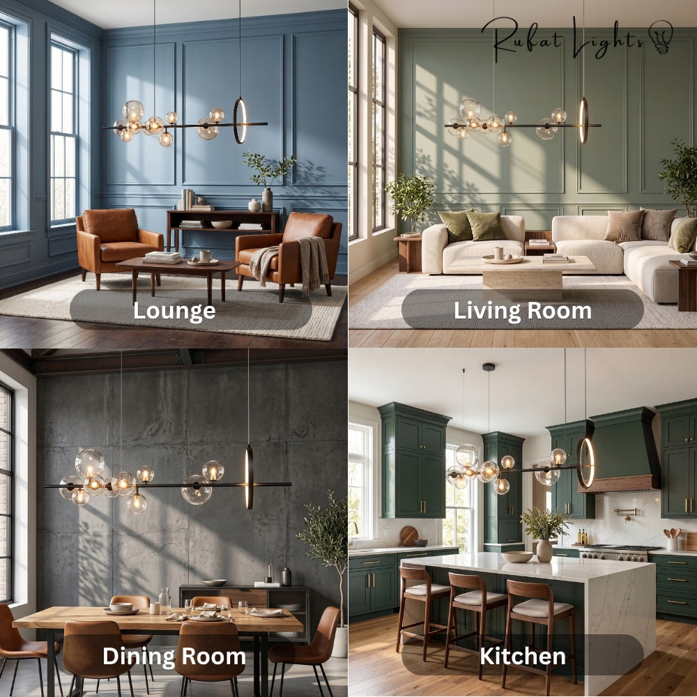Bubble Glass Ball Metal Ring Chandelier shown in a lounge, living room, dining room and kitchen