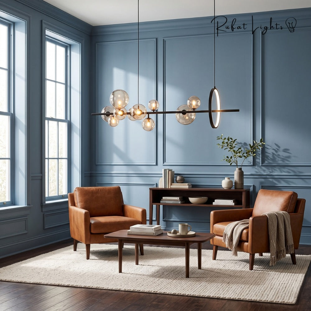 Bubble Glass Ball Metal Ring Chandelier in a living room with blue walls