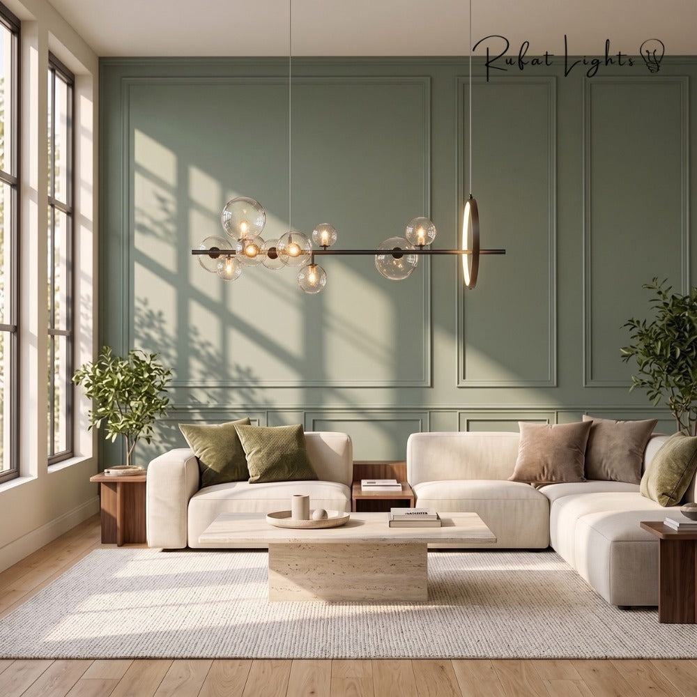 Bubble Glass Ball Metal Ring Chandelier over a sofa