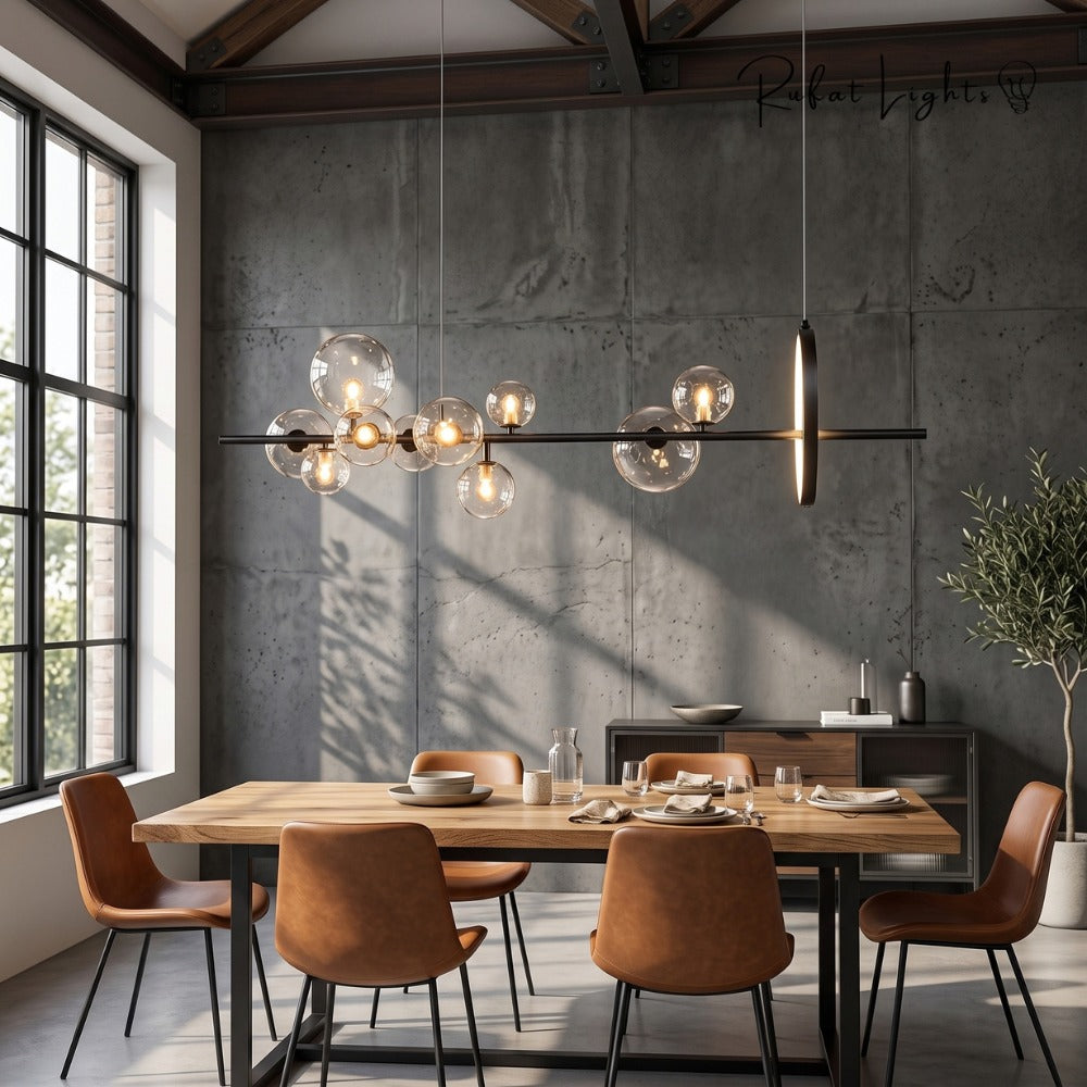 Bubble Glass Ball Metal Ring Chandelier over a dining table