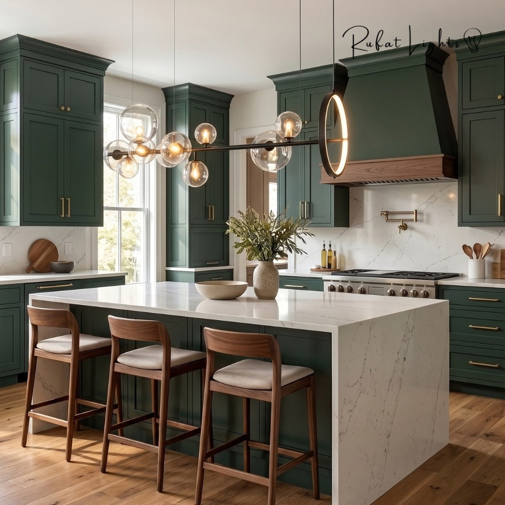 Bubble Glass Ball Metal Ring Chandelier over a kitchen island