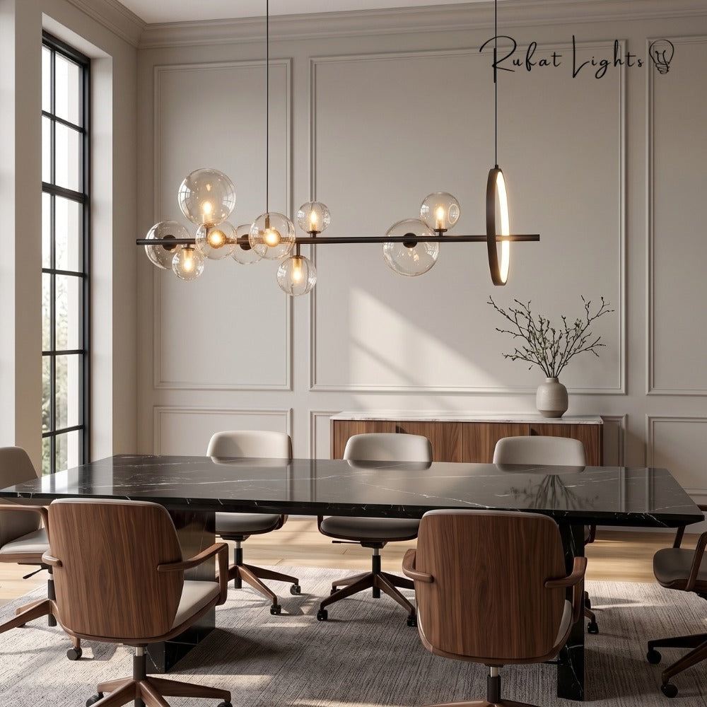 Bubble Glass Ball Metal Ring Chandelier over a conference table