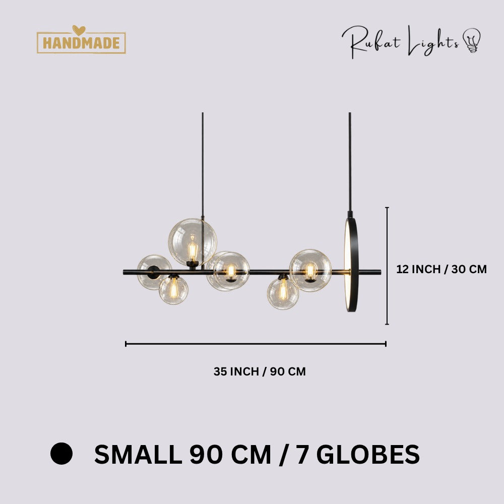 Bubble Glass Ball Metal Ring Chandelier Small 90 CM 7 Globes dimensions: 35 in (90 cm) wide, 12 in (30 cm) high