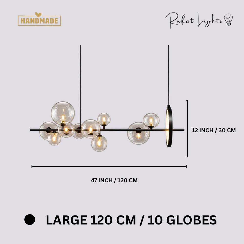 Bubble Glass Ball Metal Ring Chandelier Large 120 CM 10 Globes dimensions: 47 in (120 cm) wide, 12 in (30 cm) high
