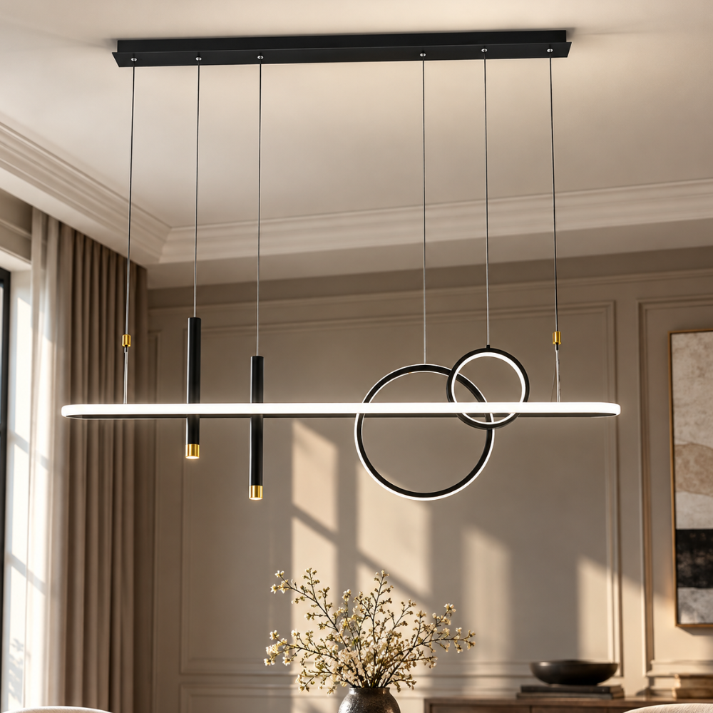 Chandelier Lighting Modern Black/Gold Metal Liner black linear LED chandelier with rings and spotlights in a living room