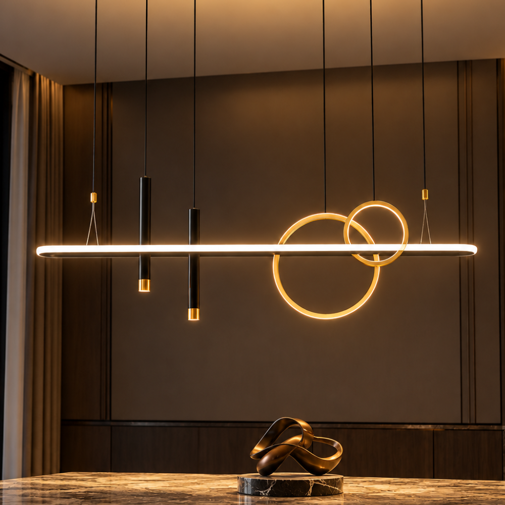 Chandelier Lighting Modern Black/Gold Metal Liner gold version in a dark room