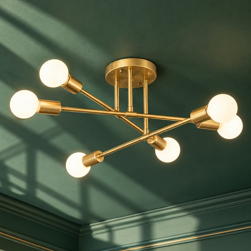 Chandelier Sputnik Hanging Light Mid Century Lighting Gold Brass against a green ceiling