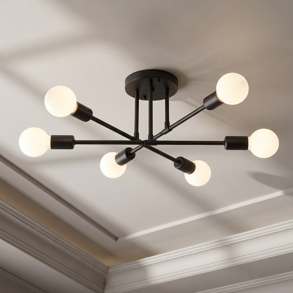 Chandelier Sputnik Hanging Light Mid Century Lighting Matte Black on a white ceiling