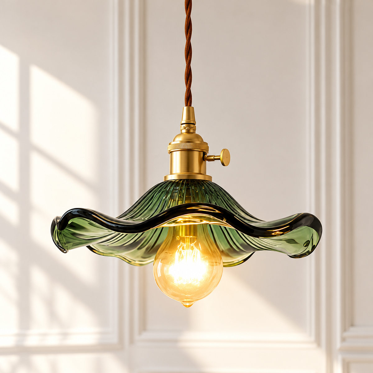Colorful Glass Copper Edison Pendant Lamp green ruffled glass pendant lamp with brass holder glowing against a white wall