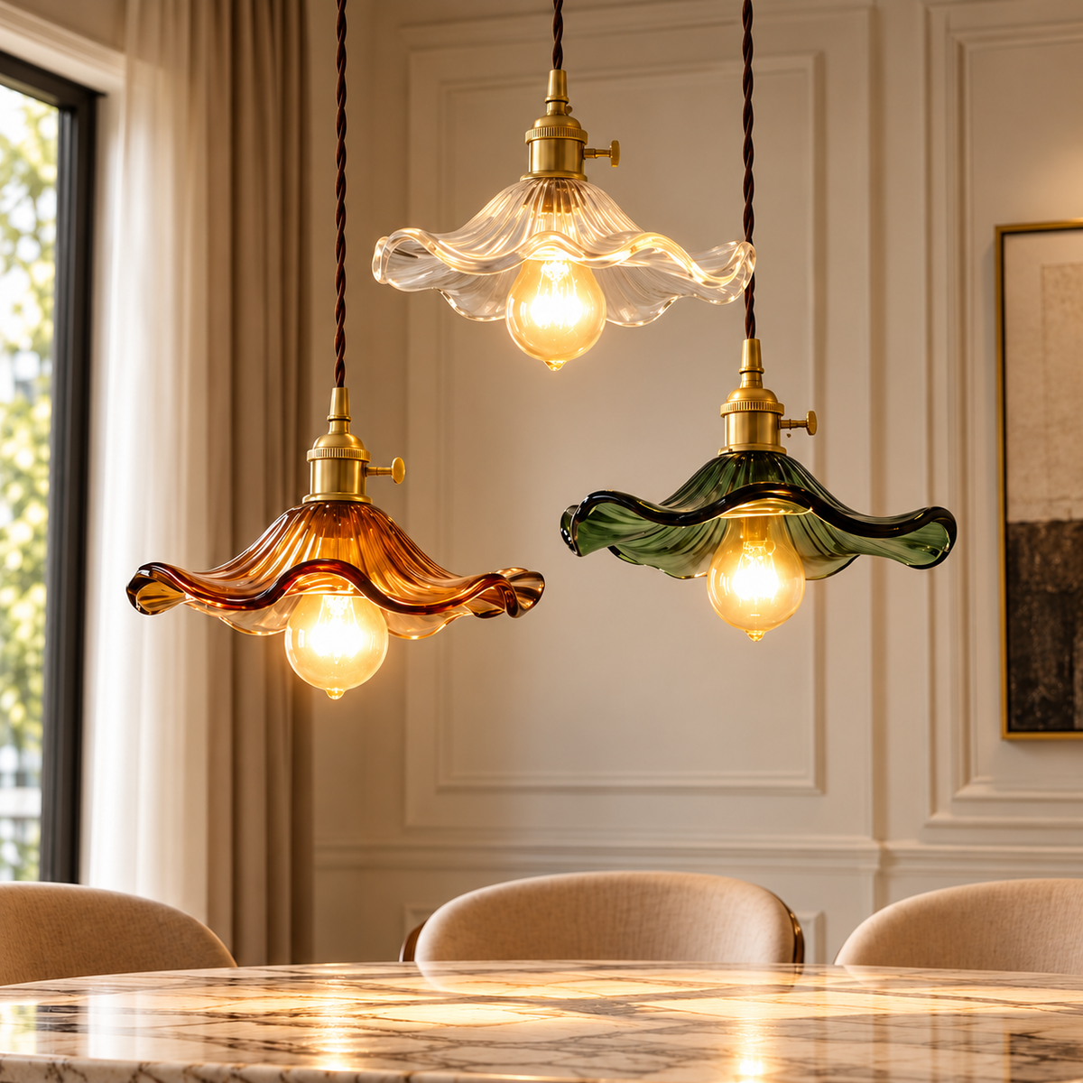 Colorful Glass Copper Edison Pendant Lamp white, orange and green ruffled glass pendant lamps with brass holders glowing above a dining table