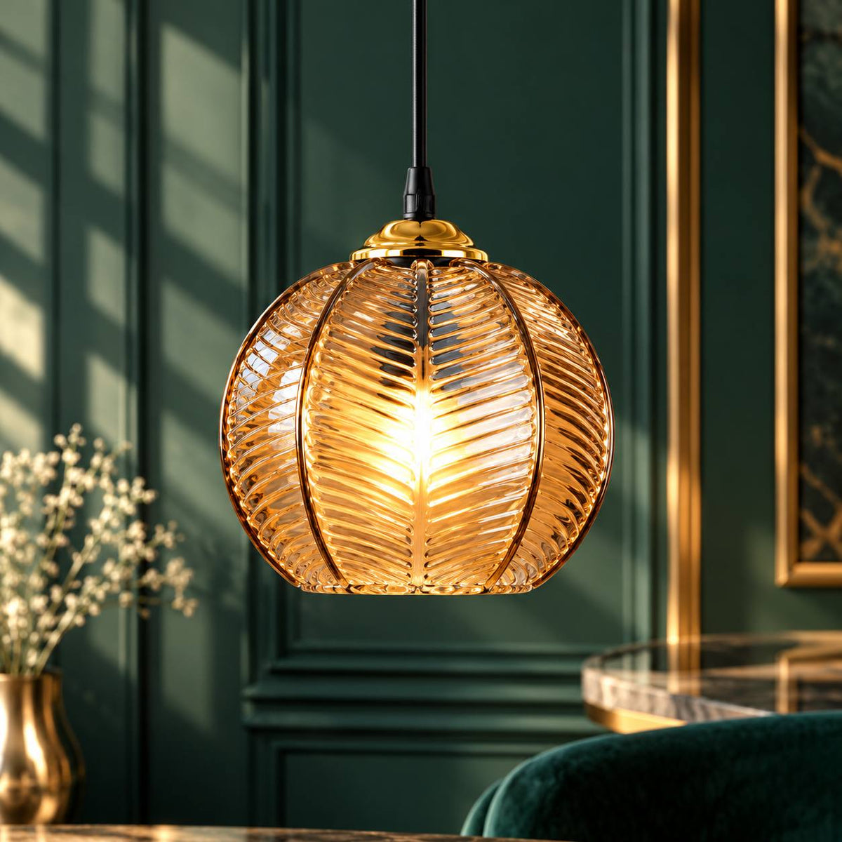 Contemporary Glass Patterned Pendant Lights amber patterned glass pendant glowing against a green wall