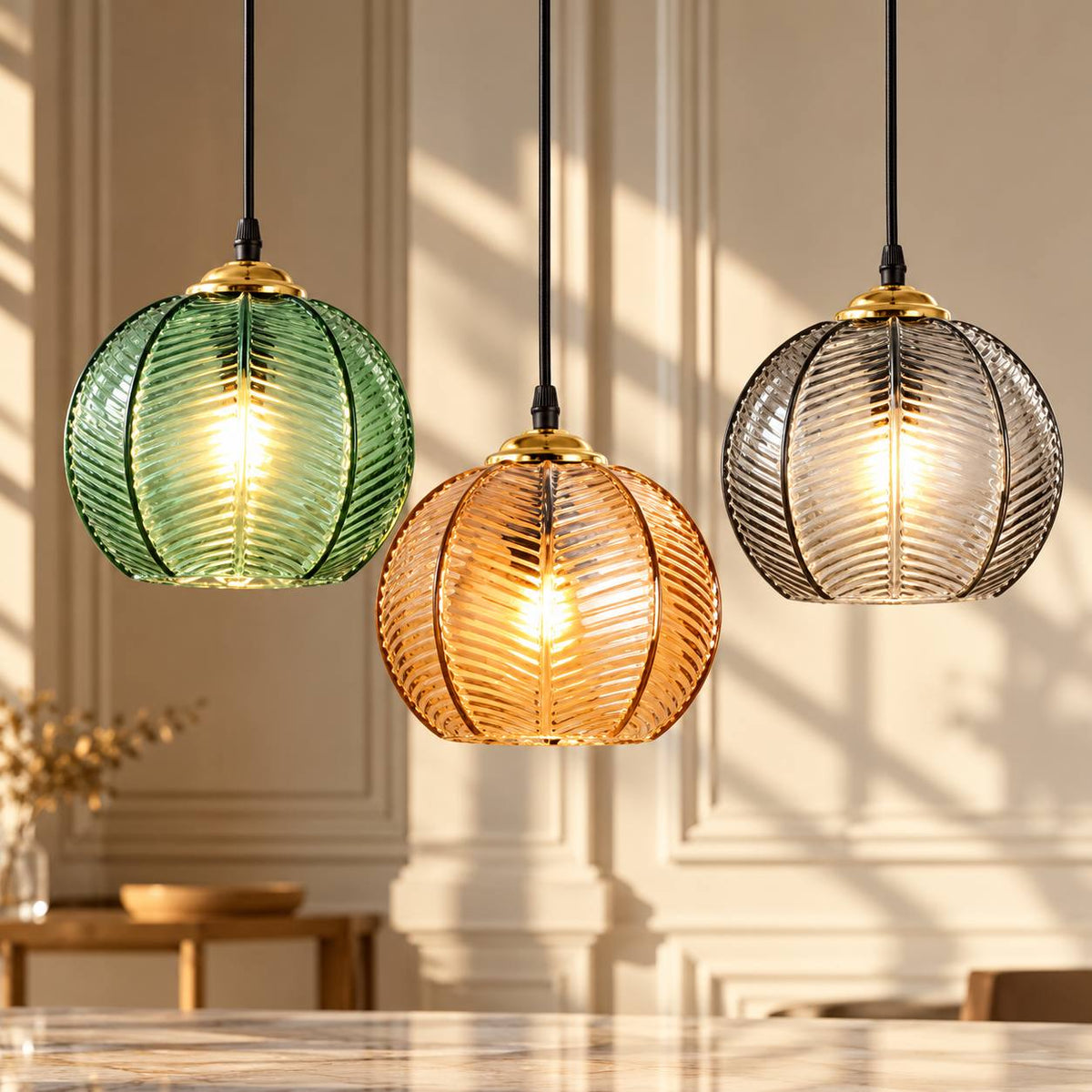 Contemporary Glass Patterned Pendant Lights green, amber and smoke gray patterned glass pendants in a sunlit room