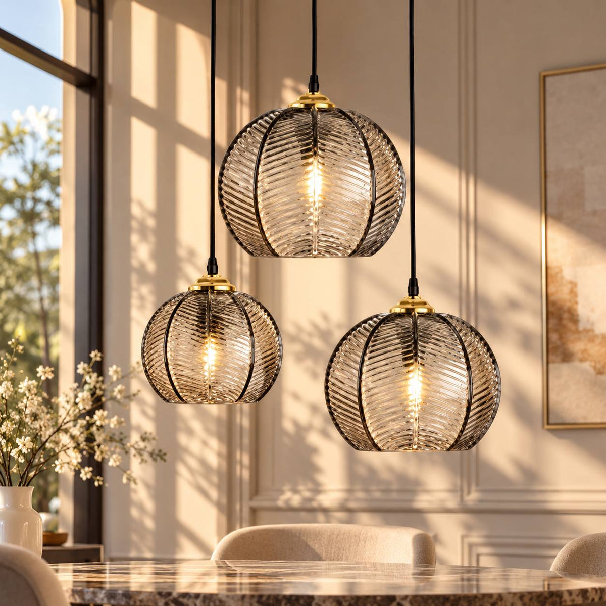 Contemporary Glass Patterned Pendant Lights smoke gray patterned glass pendants in three sizes