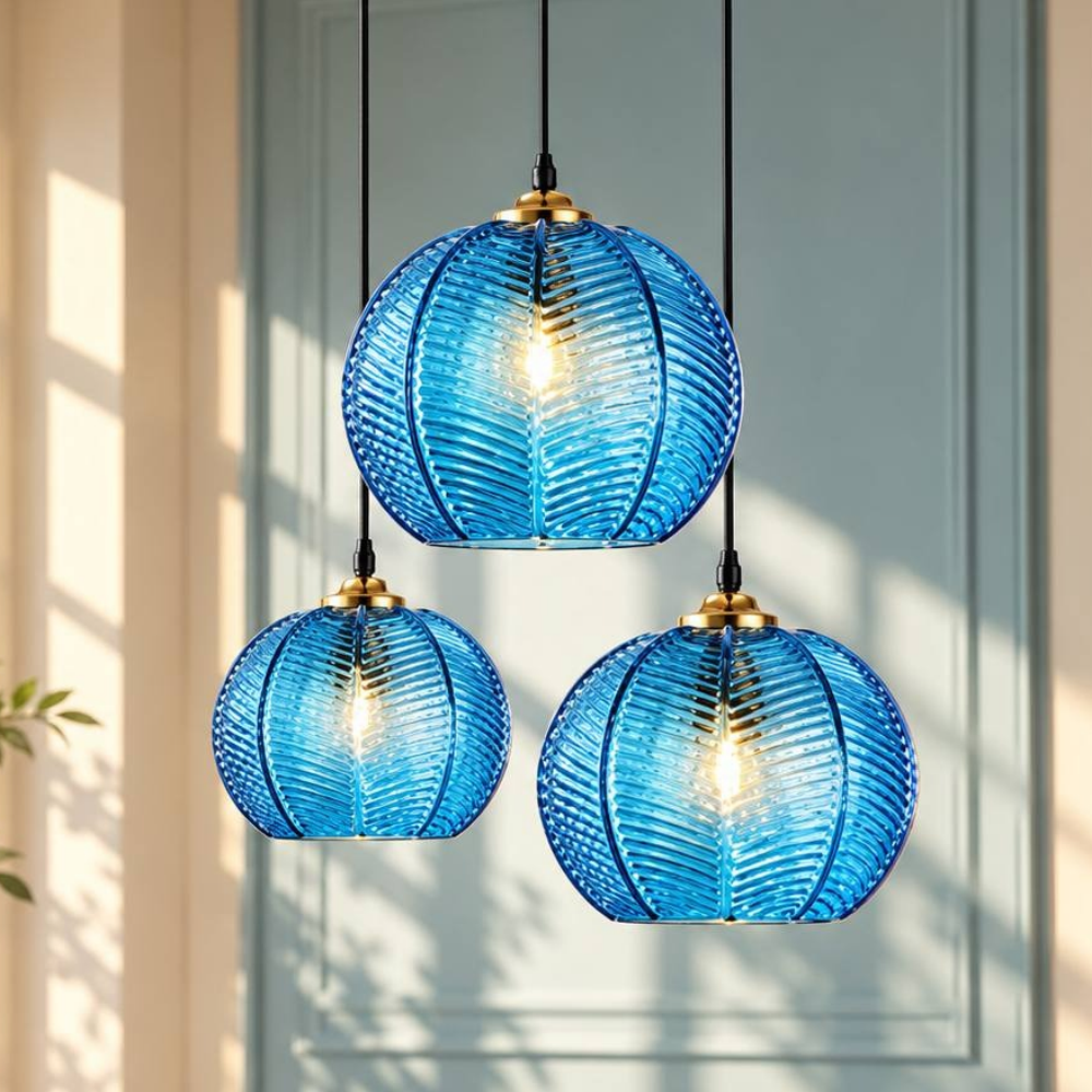 Contemporary Glass Patterned Pendant Lights blue patterned glass pendants in three sizes