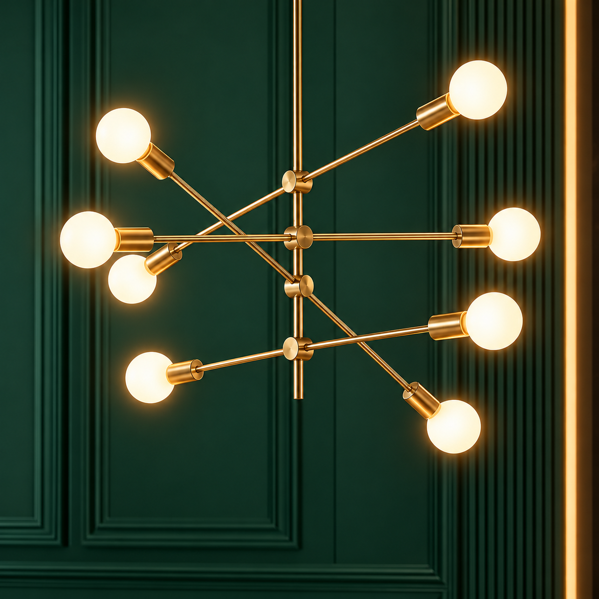 Contemporary Gold Rod Chandelier Lighting gold rod sputnik chandelier with eight glowing bulbs against a dark green panelled wall